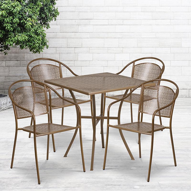 28" Square Gold Indoor-Outdoor Steel Patio Table Set with 4 Round Back Chairs. Picture 1