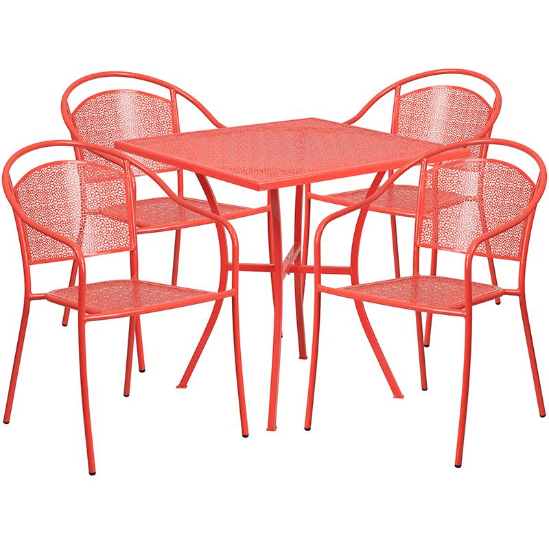 28" Square Coral Indoor-Outdoor Steel Patio Table Set with 4 Round Back Chairs. Picture 2