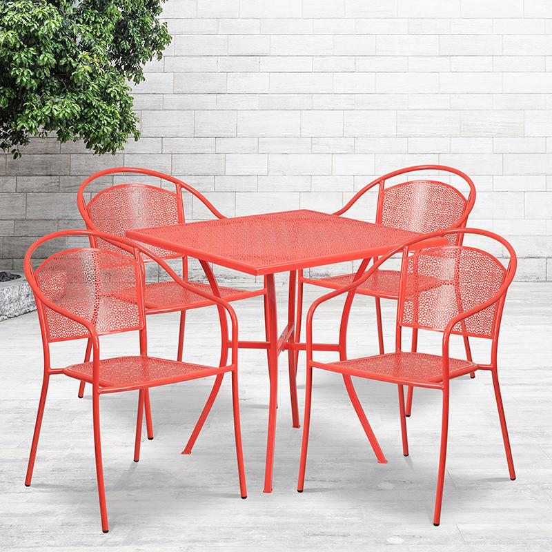 28" Square Coral Indoor-Outdoor Steel Patio Table Set with 4 Round Back Chairs. Picture 1