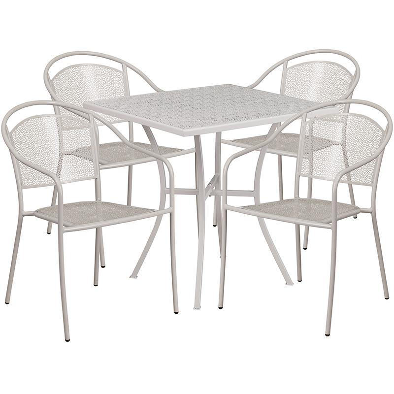 Commercial Grade 28" Square Light Gray Indoor-Outdoor Steel Patio Table Set with 4 Round Back Chairs. Picture 1