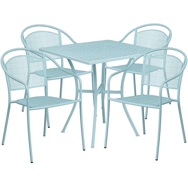 Commercial Grade 28" Square Sky Blue Indoor-Outdoor Steel Patio Table Set with 4 Round Back Chairs. Picture 2
