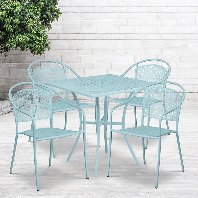 Commercial Grade 28" Square Sky Blue Indoor-Outdoor Steel Patio Table Set with 4 Round Back Chairs. The main picture.