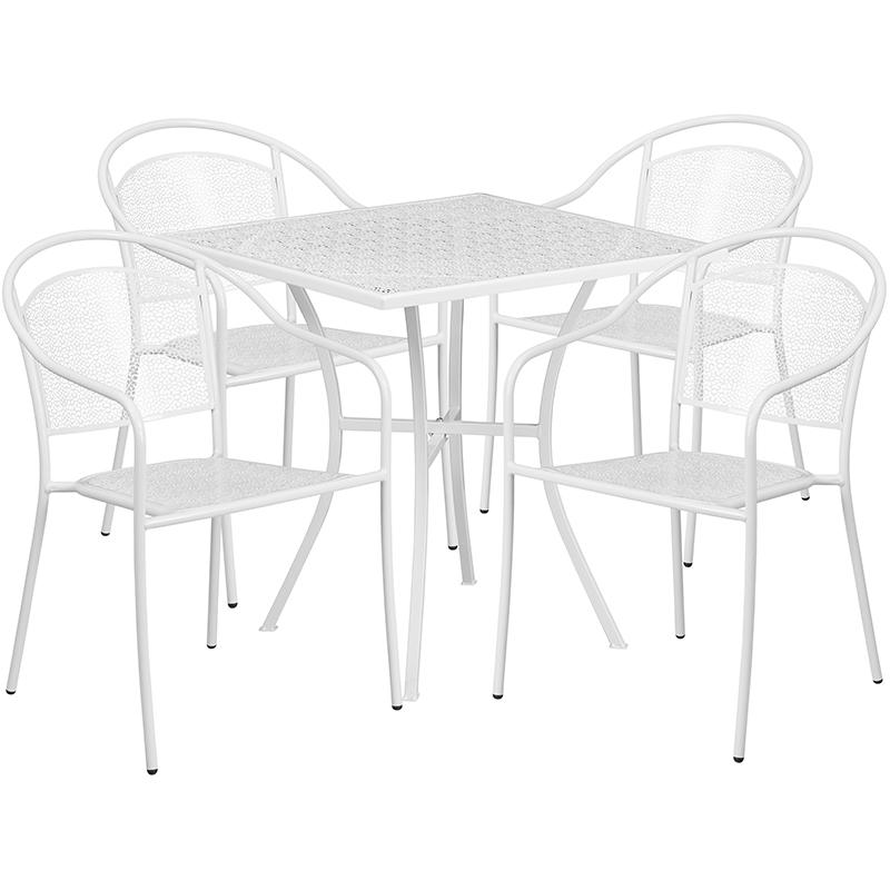 28" Square White Indoor-Outdoor Steel Patio Table Set with 4 Round Back Chairs. Picture 2