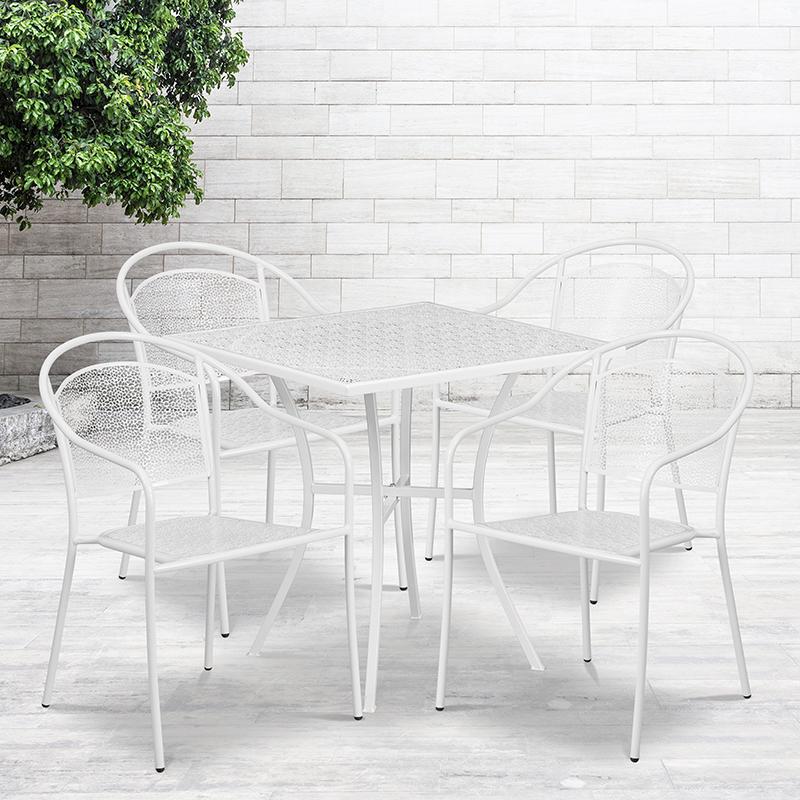 28" Square White Indoor-Outdoor Steel Patio Table Set with 4 Round Back Chairs. Picture 1