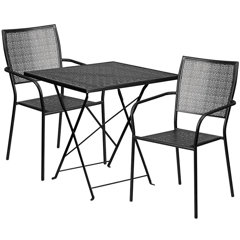 Commercial Grade 28" Square Black Indoor-Outdoor Steel Folding Patio Table Set with 2 Square Back Chairs. Picture 1