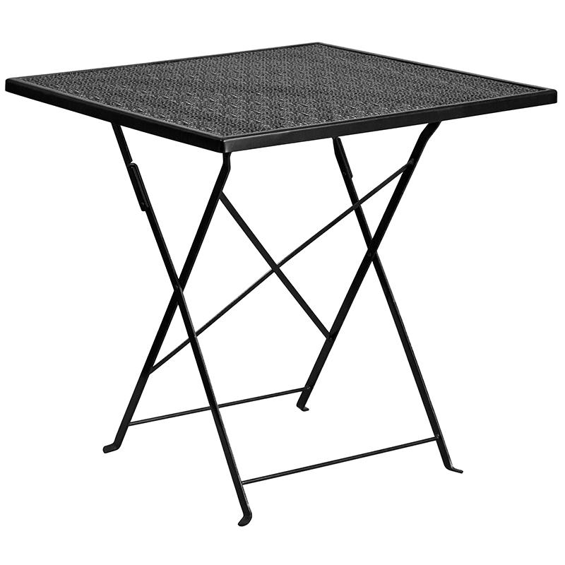 Commercial Grade 28" Square Black Indoor-Outdoor Steel Folding Patio Table Set with 2 Square Back Chairs. Picture 2