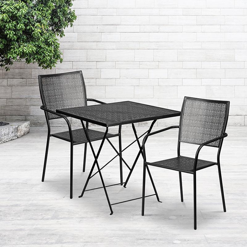 Commercial Grade 28" Square Black Indoor-Outdoor Steel Folding Patio Table Set with 2 Square Back Chairs. Picture 4