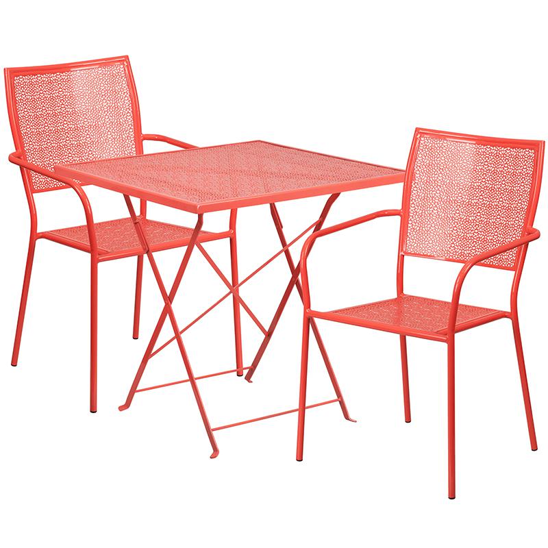 Commercial Grade 28" Square Coral Indoor-Outdoor Steel Folding Patio Table Set with 2 Square Back Chairs. Picture 2