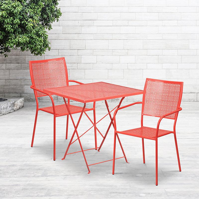 Commercial Grade 28" Square Coral Indoor-Outdoor Steel Folding Patio Table Set with 2 Square Back Chairs. The main picture.