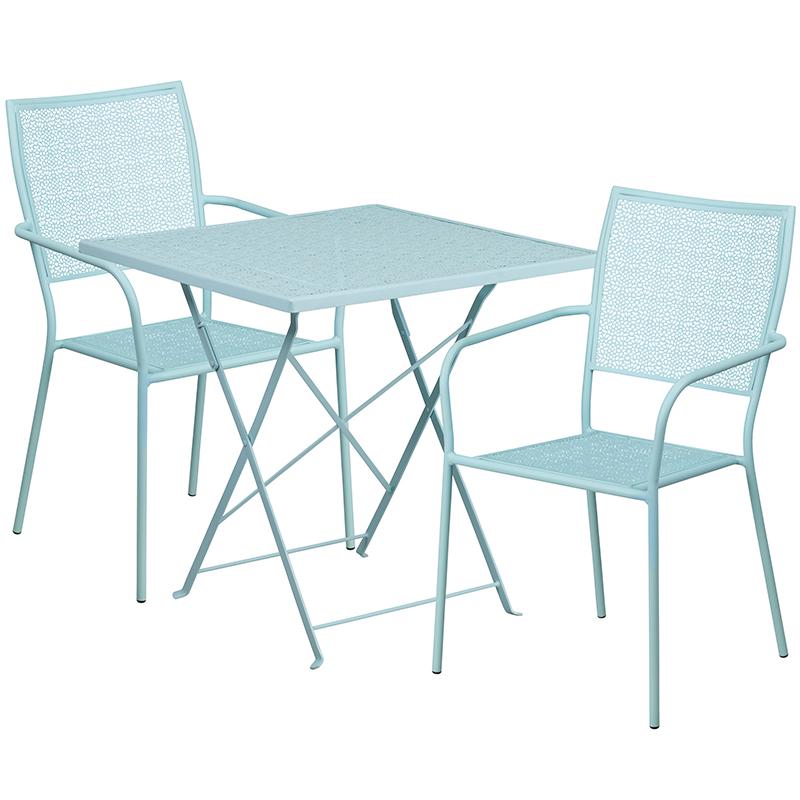 Commercial Grade 28" Square Sky Blue Indoor-Outdoor Steel Folding Patio Table Set with 2 Square Back Chairs. The main picture.