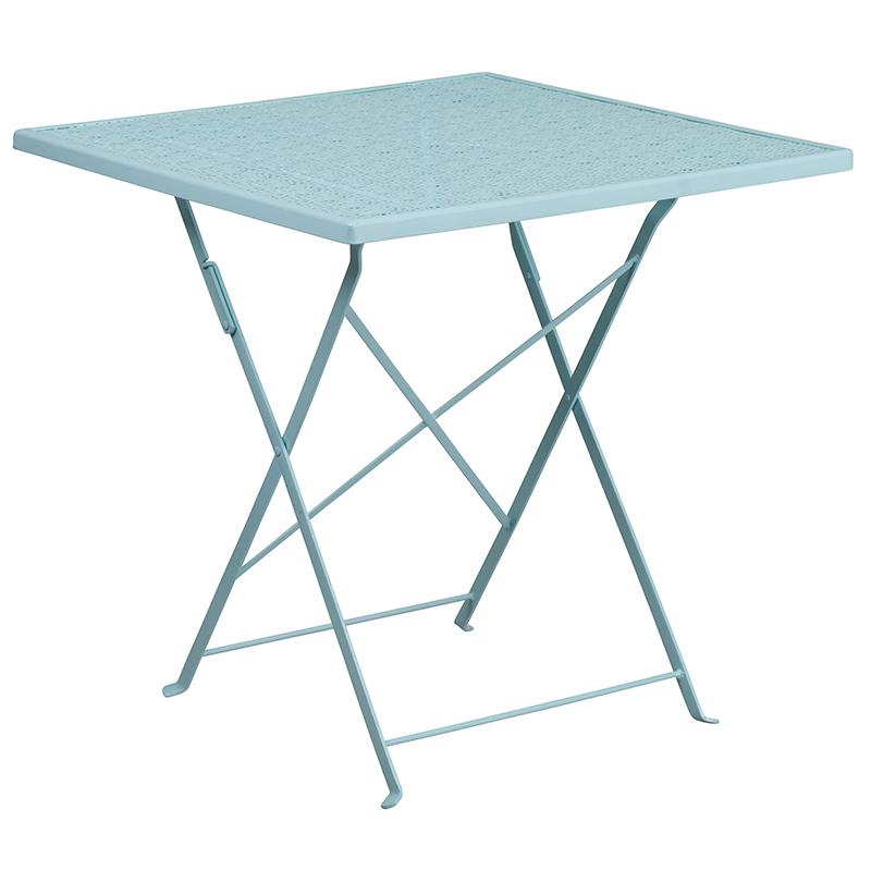 Commercial Grade 28" Square Sky Blue Indoor-Outdoor Steel Folding Patio Table Set with 2 Square Back Chairs. Picture 2
