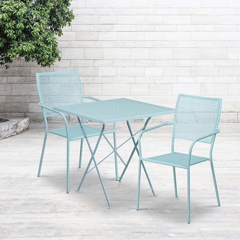 Commercial Grade 28" Square Sky Blue Indoor-Outdoor Steel Folding Patio Table Set with 2 Square Back Chairs. Picture 4