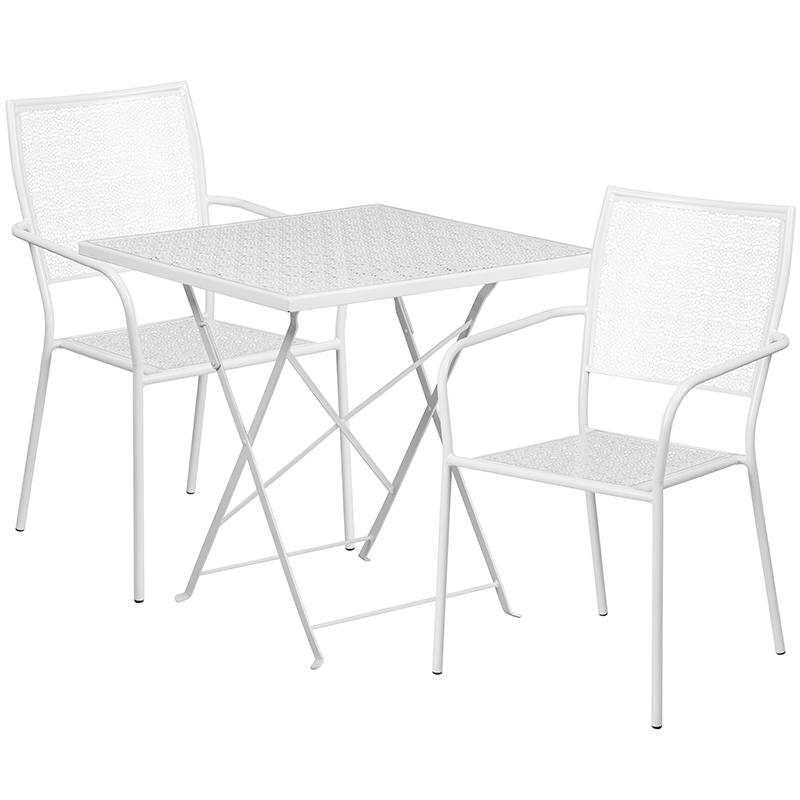 Commercial Grade 28" Square White Indoor-Outdoor Steel Folding Patio Table Set with 2 Square Back Chairs. Picture 2