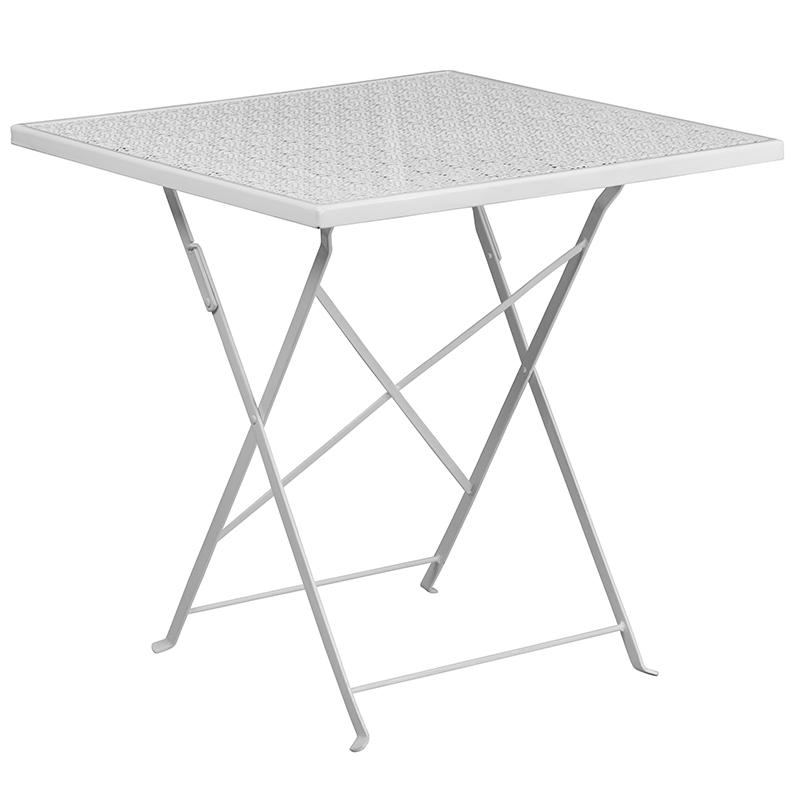 Commercial Grade 28" Square White Indoor-Outdoor Steel Folding Patio Table Set with 2 Square Back Chairs. Picture 4