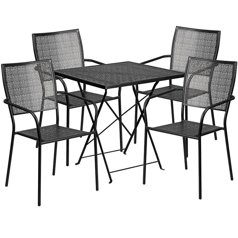 Commercial Grade 28" Square Black Indoor-Outdoor Steel Folding Patio Table Set with 4 Square Back Chairs. The main picture.