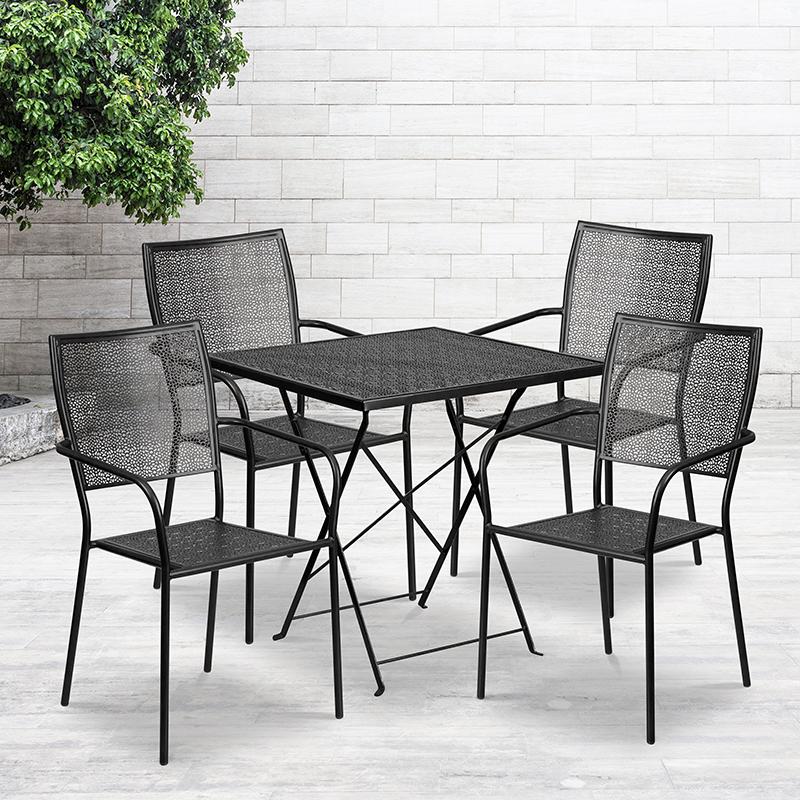Commercial Grade 28" Square Black Indoor-Outdoor Steel Folding Patio Table Set with 4 Square Back Chairs. Picture 4