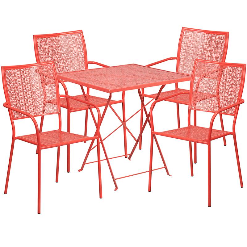Commercial Grade 28" Square Coral Indoor-Outdoor Steel Folding Patio Table Set with 4 Square Back Chairs. The main picture.