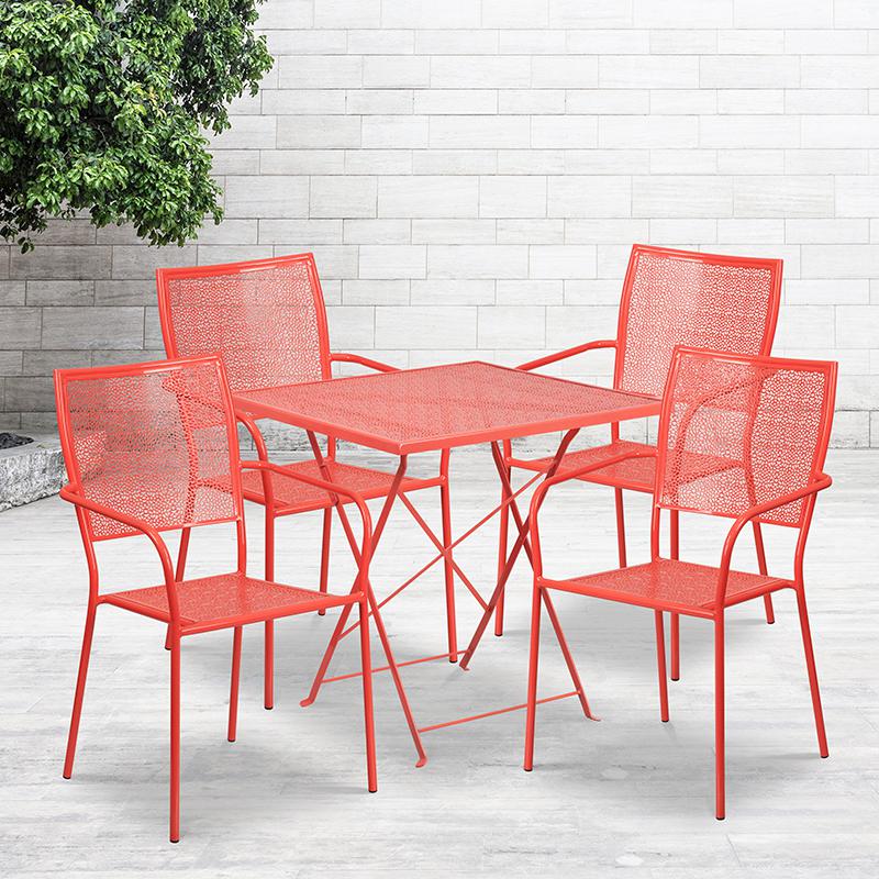Commercial Grade 28" Square Coral Indoor-Outdoor Steel Folding Patio Table Set with 4 Square Back Chairs. Picture 4