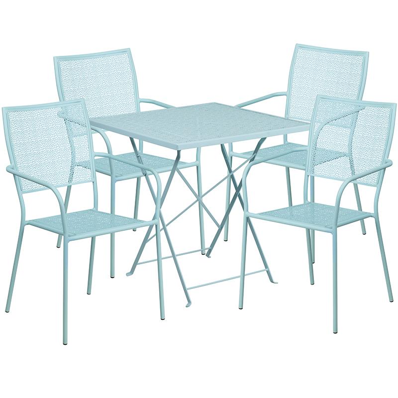 Commercial Grade 28" Square Sky Blue Indoor-Outdoor Steel Folding Patio Table Set with 4 Square Back Chairs. Picture 2