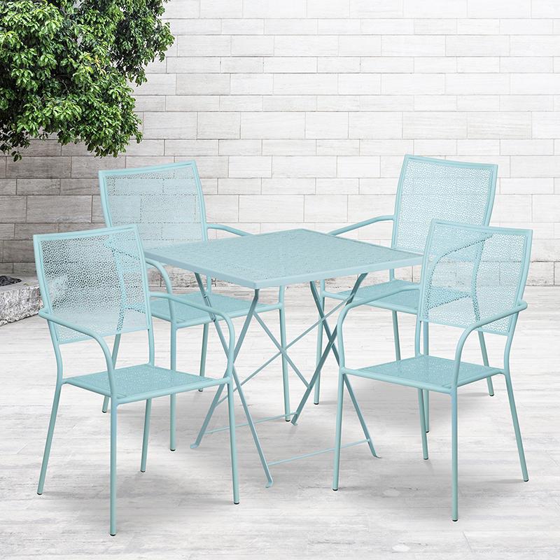 Commercial Grade 28" Square Sky Blue Indoor-Outdoor Steel Folding Patio Table Set with 4 Square Back Chairs. Picture 1