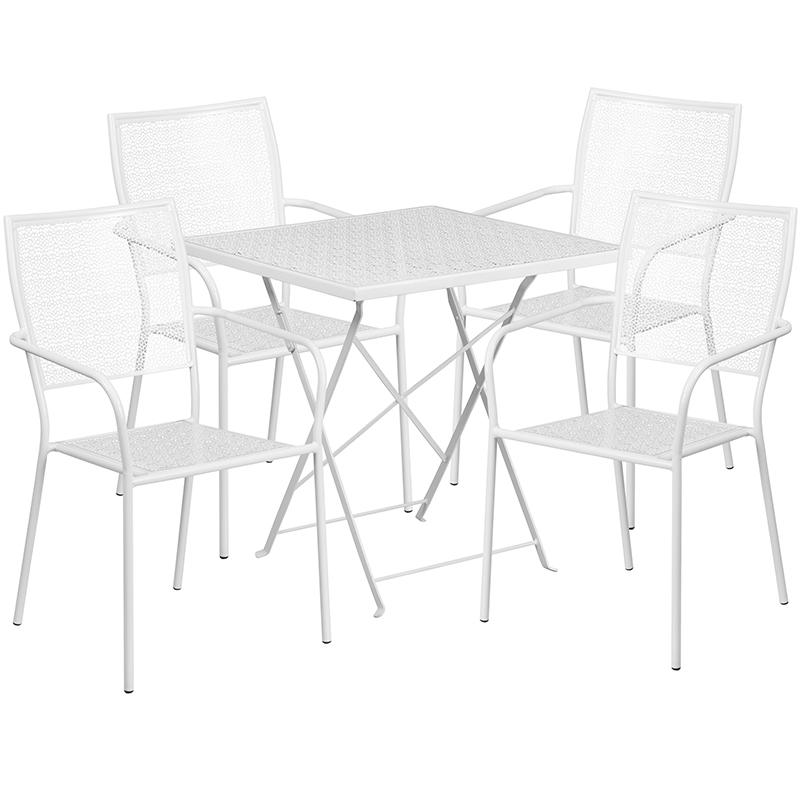 Commercial Grade 28" Square White Indoor-Outdoor Steel Folding Patio Table Set with 4 Square Back Chairs. Picture 1