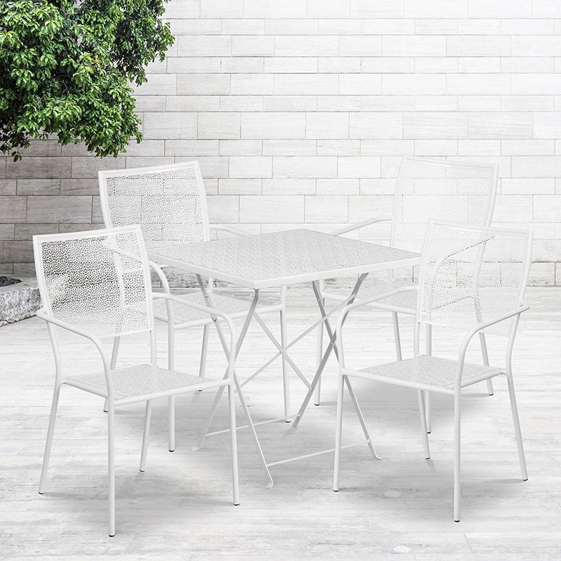28" White Indoor-Outdoor Steel Folding Patio Table Set with 4 Back Chairs. Picture 1