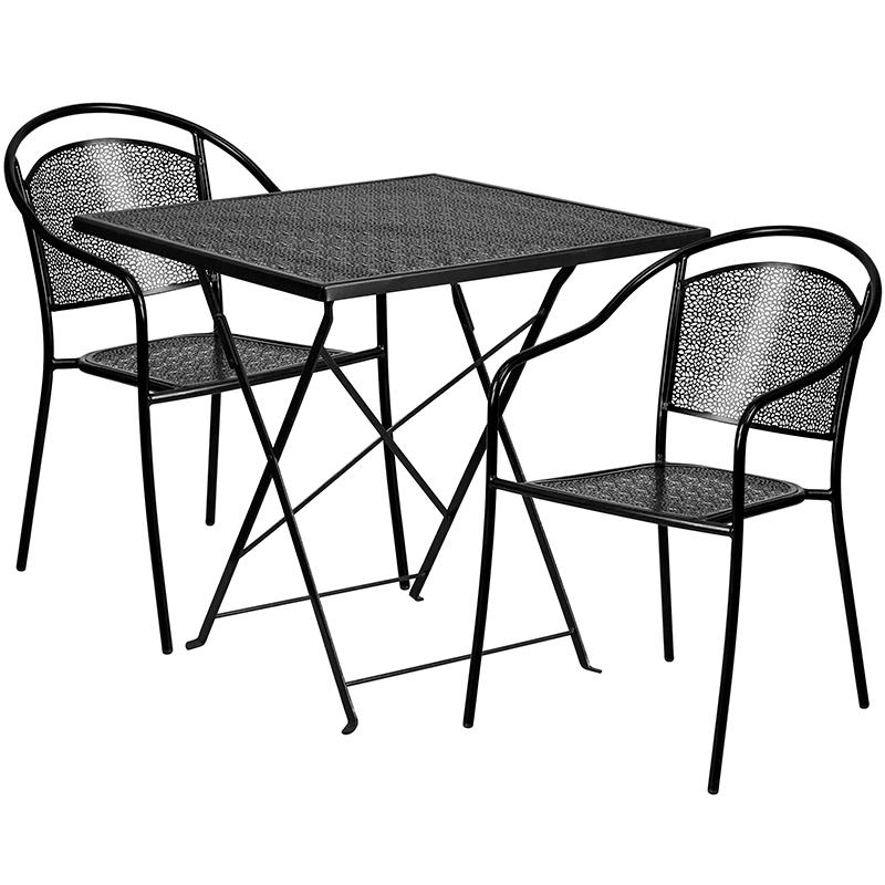 Commercial Grade 28" Square Black Indoor-Outdoor Steel Folding Patio Table Set with 2 Round Back Chairs. Picture 1