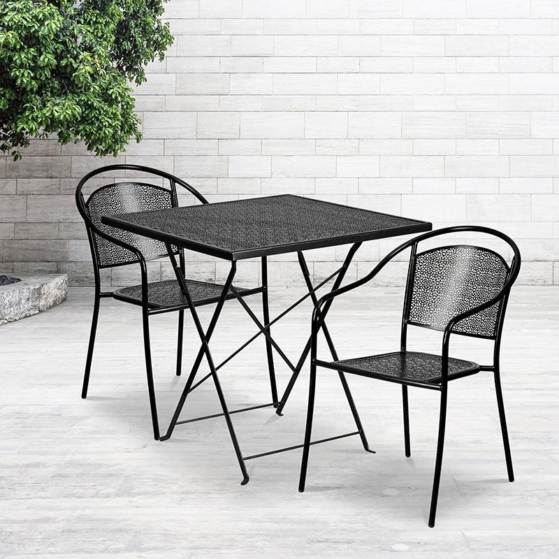 Commercial Grade 28" Square Black Indoor-Outdoor Steel Folding Patio Table Set with 2 Round Back Chairs. Picture 4
