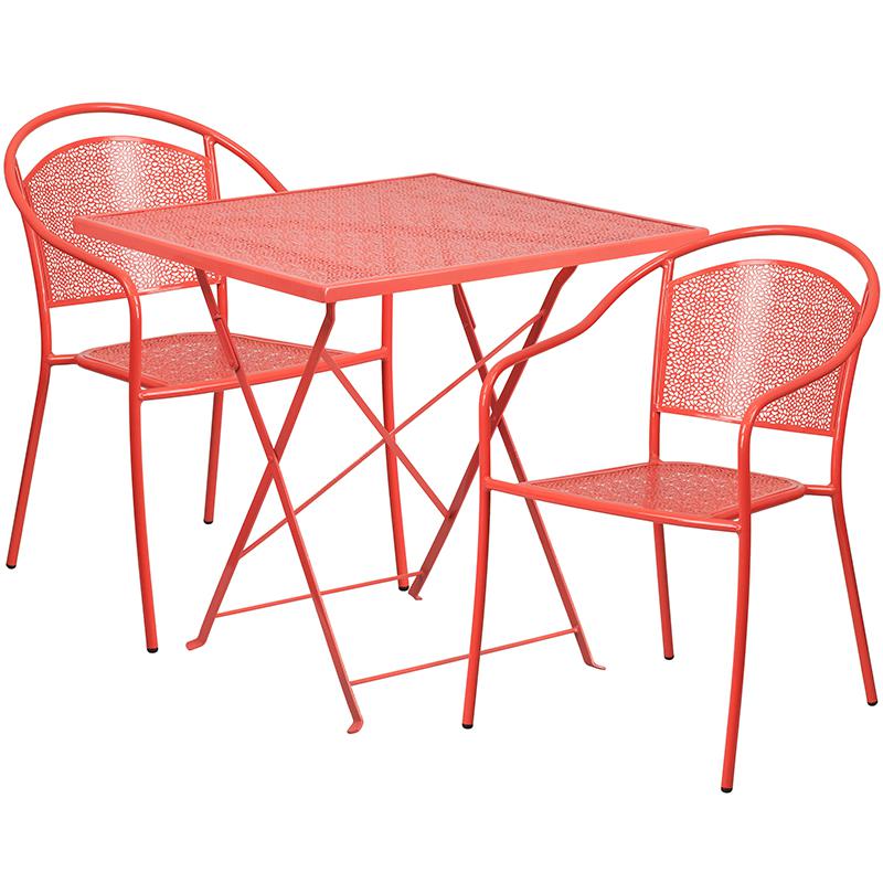 Commercial Grade 28" Square Coral Indoor-Outdoor Steel Folding Patio Table Set with 2 Round Back Chairs. The main picture.