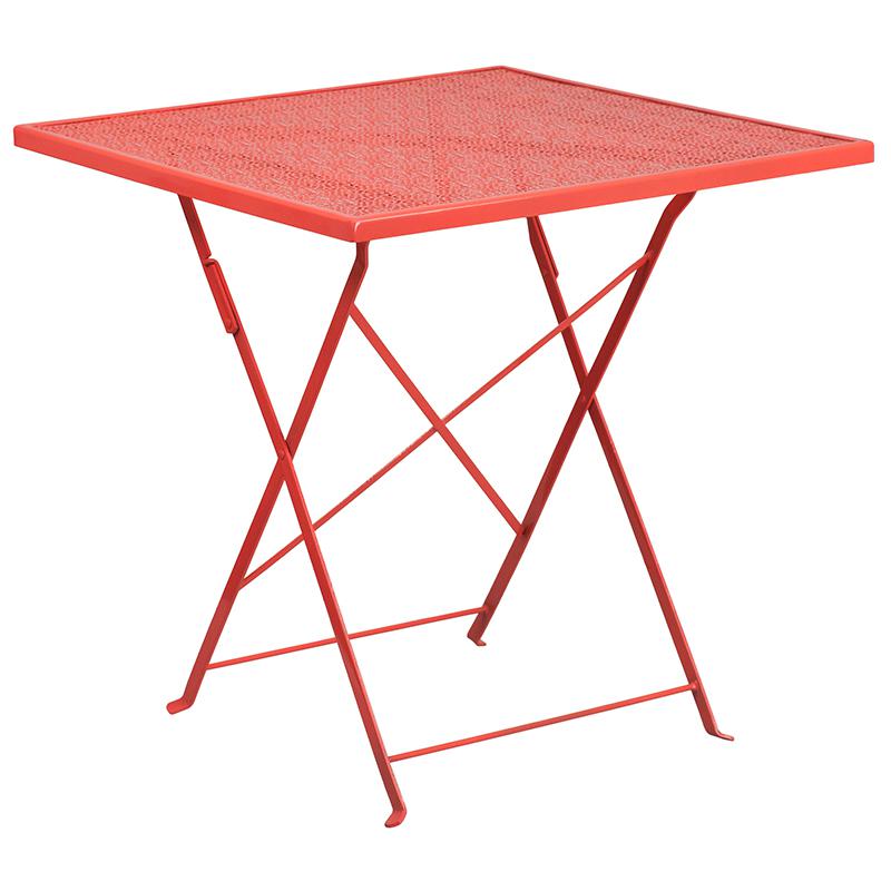 Commercial Grade 28" Square Coral Indoor-Outdoor Steel Folding Patio Table Set with 2 Round Back Chairs. Picture 2