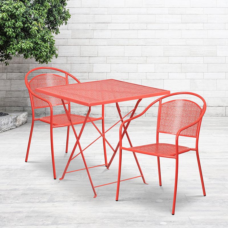 Commercial Grade 28" Square Coral Indoor-Outdoor Steel Folding Patio Table Set with 2 Round Back Chairs. Picture 4