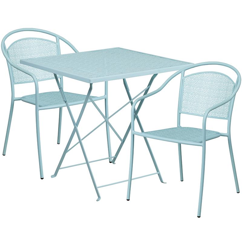 Commercial Grade 28" Square Sky Blue Indoor-Outdoor Steel Folding Patio Table Set with 2 Round Back Chairs. Picture 1