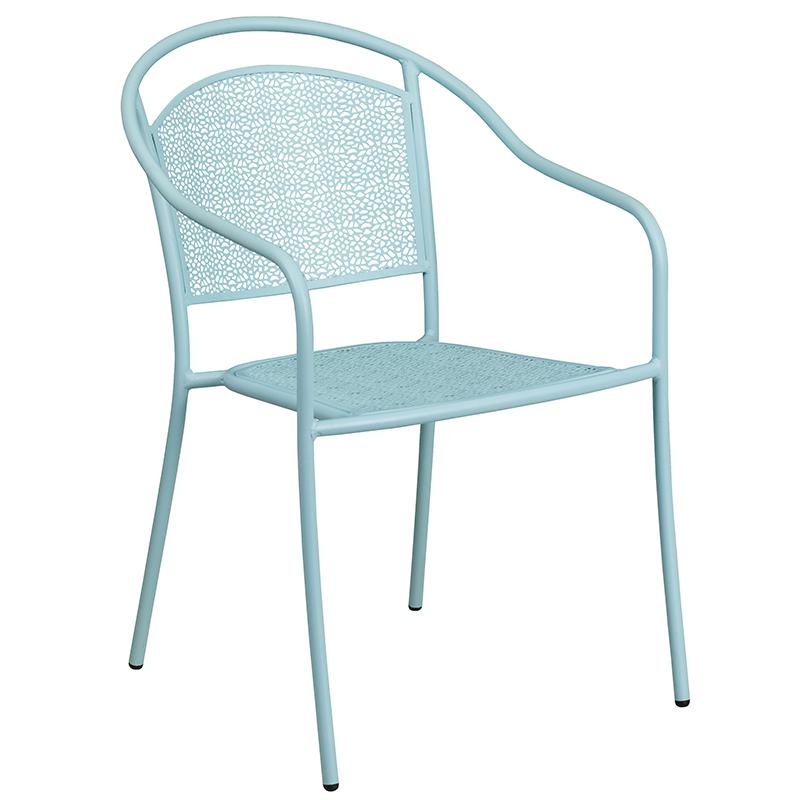 Commercial Grade 28" Square Sky Blue Indoor-Outdoor Steel Folding Patio Table Set with 2 Round Back Chairs. Picture 3