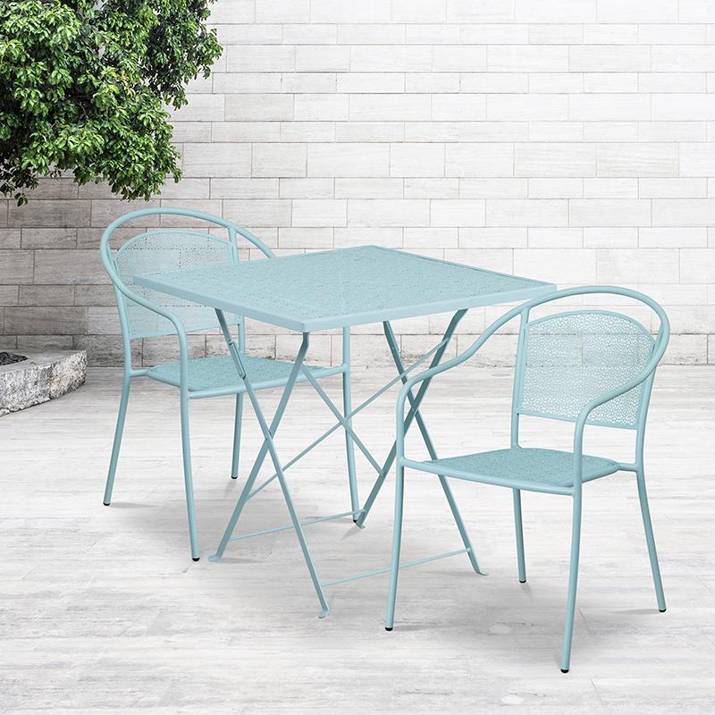 Commercial Grade 28" Square Sky Blue Indoor-Outdoor Steel Folding Patio Table Set with 2 Round Back Chairs. Picture 4