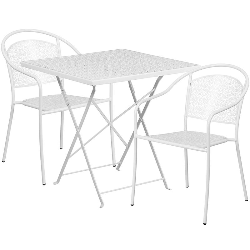 Commercial Grade 28" Square White Indoor-Outdoor Steel Folding Patio Table Set with 2 Round Back Chairs. Picture 1