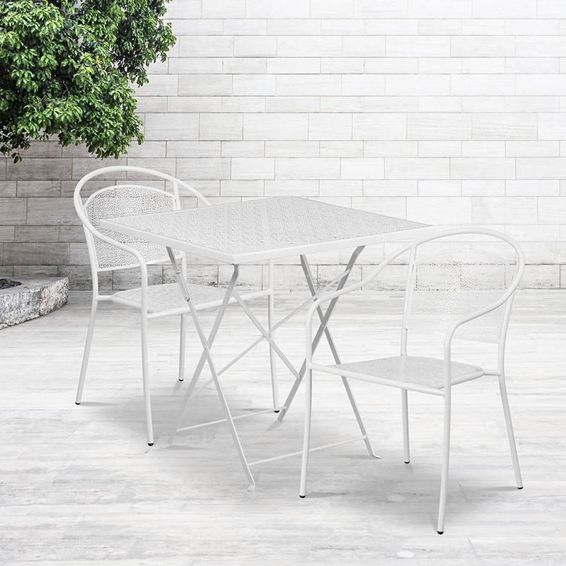 28" White Indoor-Outdoor Steel Folding Patio Table Set with 2 Round Back Chairs. Picture 1