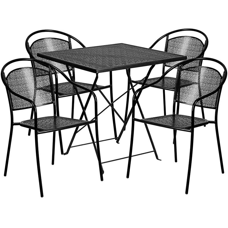 Commercial Grade 28" Square Black Indoor-Outdoor Steel Folding Patio Table Set with 4 Round Back Chairs. Picture 1