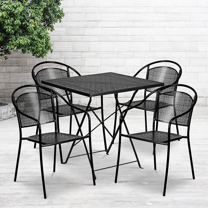 28" Black Indoor-Outdoor Steel Folding Patio Table Set with 4 Round Back Chairs. Picture 1