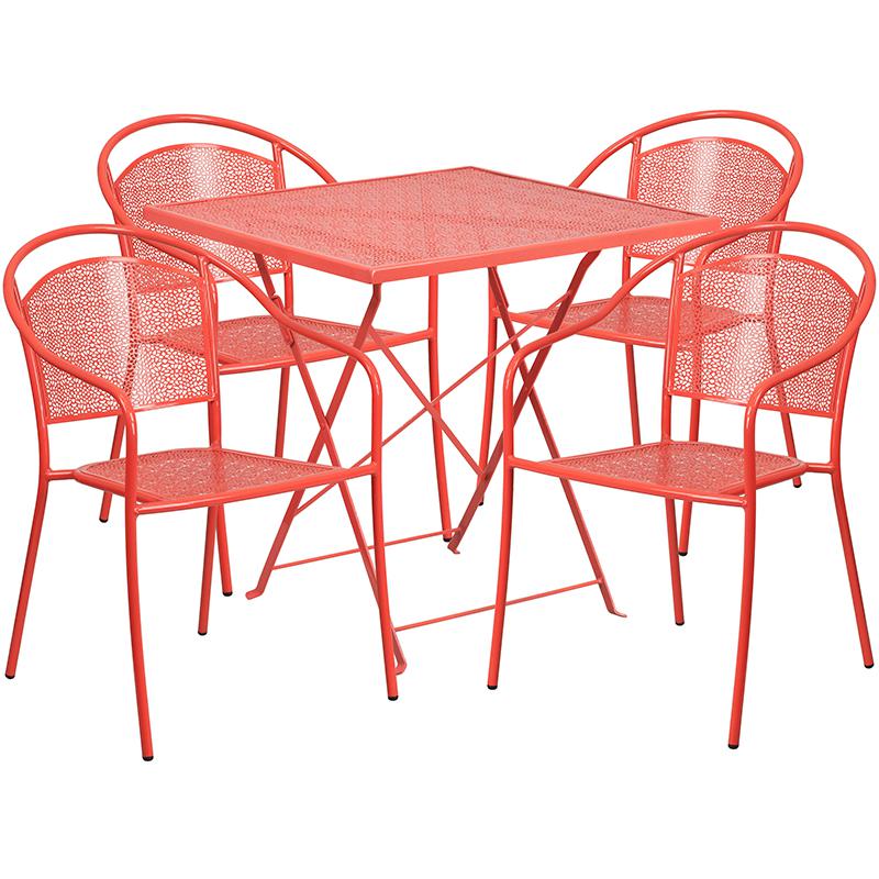 Commercial Grade 28" Square Coral Indoor-Outdoor Steel Folding Patio Table Set with 4 Round Back Chairs. Picture 1