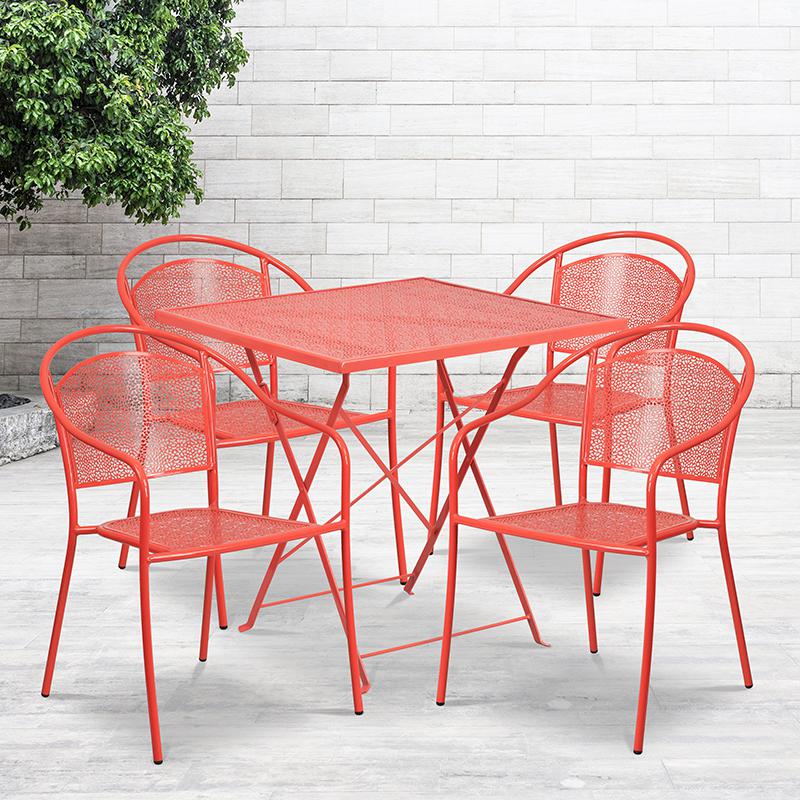 Commercial Grade 28" Square Coral Indoor-Outdoor Steel Folding Patio Table Set with 4 Round Back Chairs. Picture 4