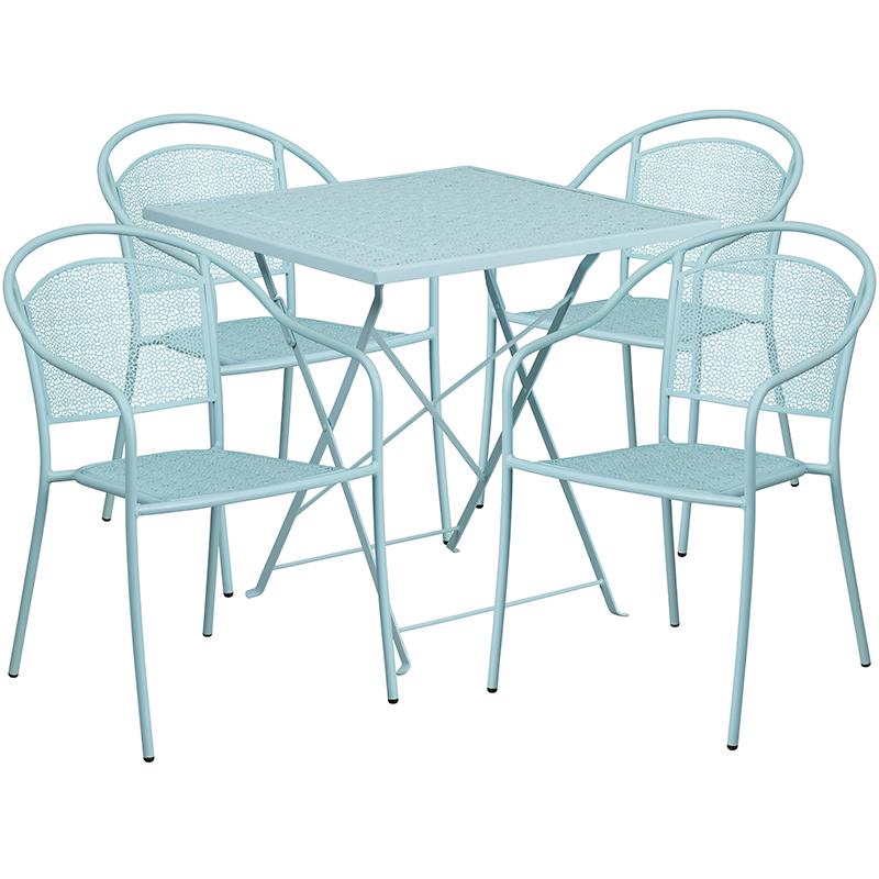 28" Sky Blue Indoor-Steel Folding Patio Table Set with 4 Round Back Chairs. Picture 2