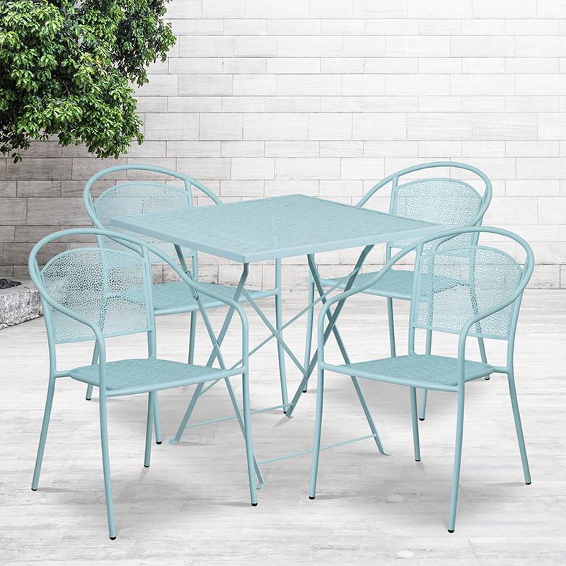 28" Sky Blue Indoor-Steel Folding Patio Table Set with 4 Round Back Chairs. Picture 1