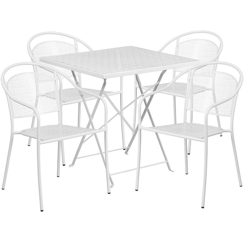 Commercial Grade 28" Square White Indoor-Outdoor Steel Folding Patio Table Set with 4 Round Back Chairs. Picture 2