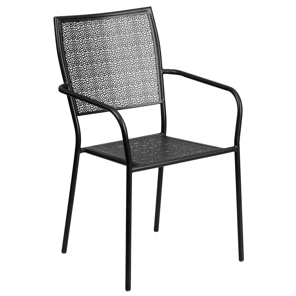 Commercial Grade Black Indoor-Outdoor Steel Patio Arm Chair with Square Back. Picture 1