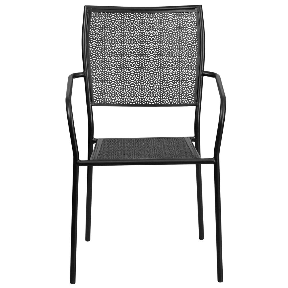 Commercial Grade Black Indoor-Outdoor Steel Patio Arm Chair with Square Back. Picture 5