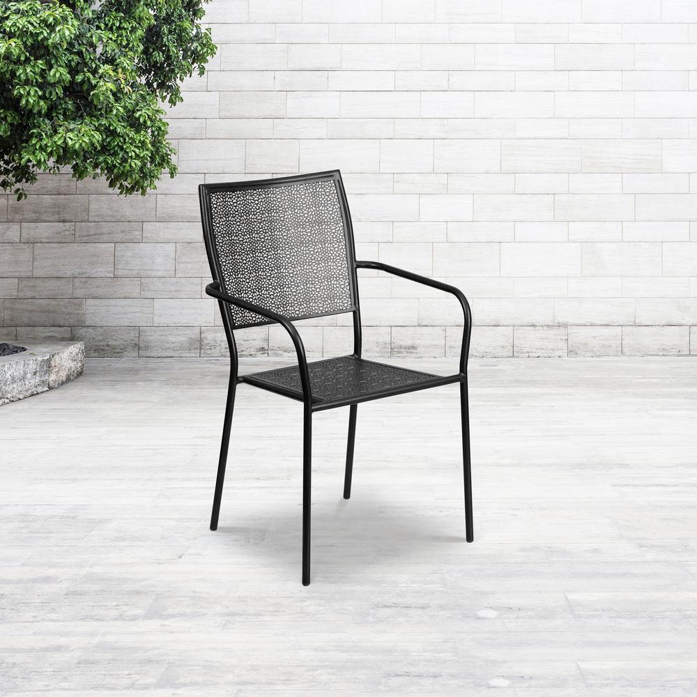 Commercial Grade Black Indoor-Outdoor Steel Patio Arm Chair with Square Back. Picture 6