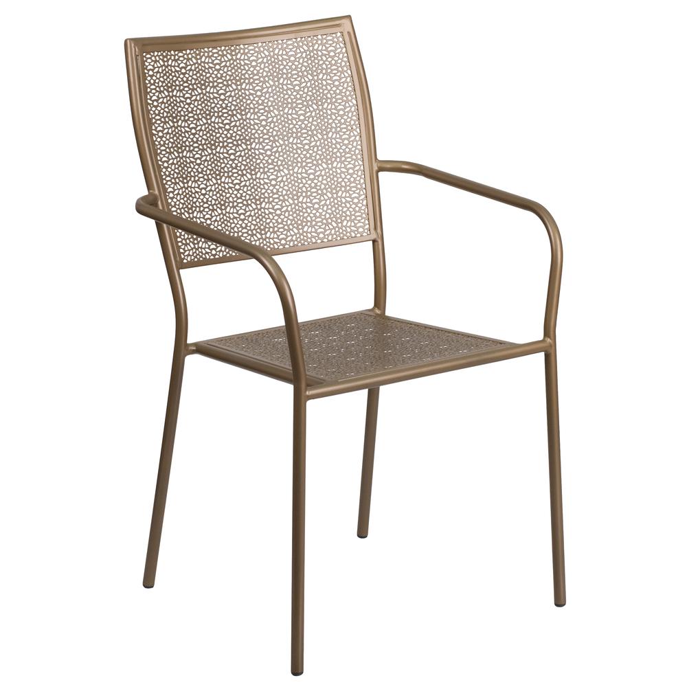 Commercial Grade Gold Indoor-Outdoor Steel Patio Arm Chair with Square Back. Picture 1