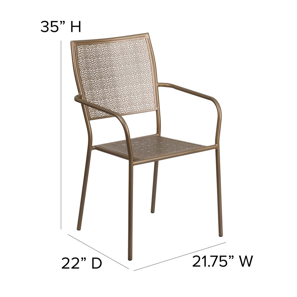 Commercial Grade Gold Indoor-Outdoor Steel Patio Arm Chair with Square Back. Picture 2