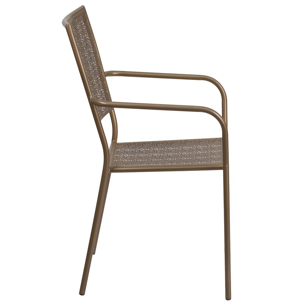 Commercial Grade Gold Indoor-Outdoor Steel Patio Arm Chair with Square Back. Picture 2