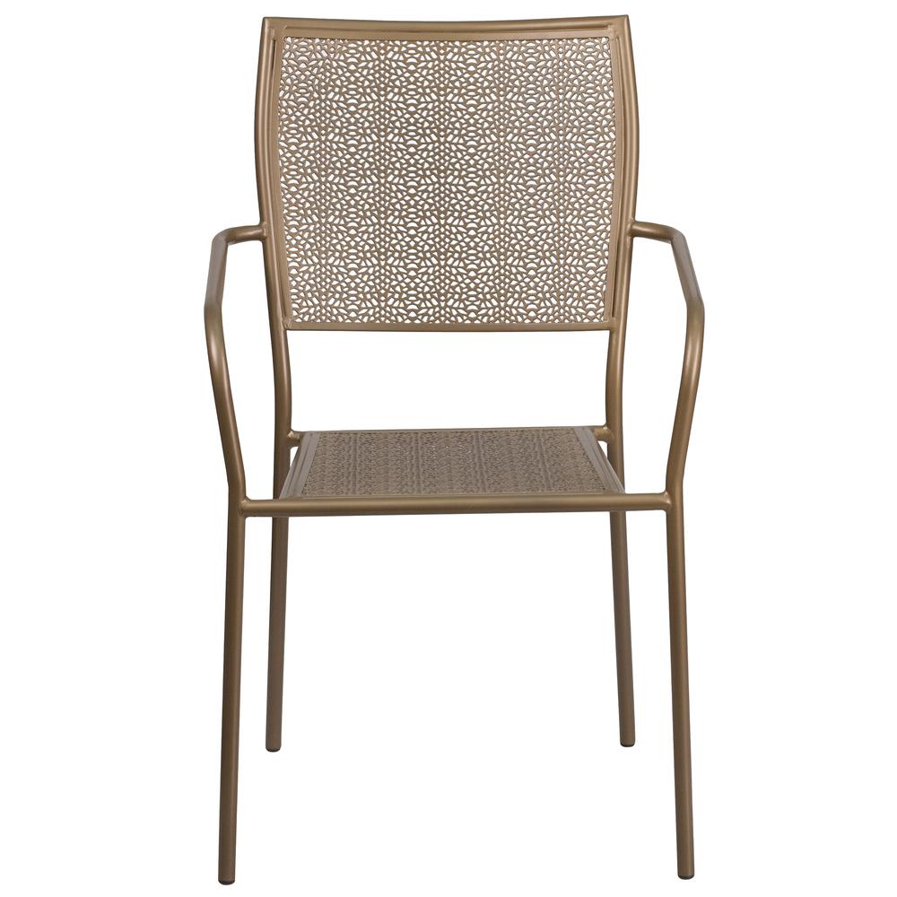 Commercial Grade Gold Indoor-Outdoor Steel Patio Arm Chair with Square Back. Picture 4